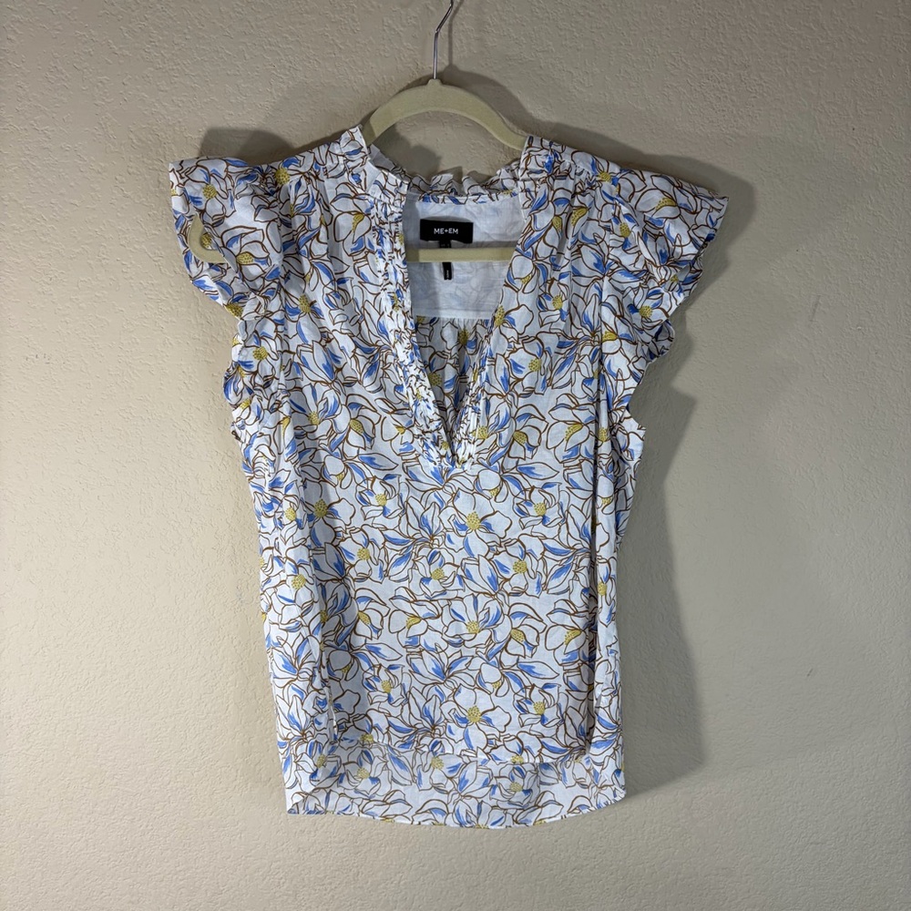 Blue Floral Ruffle Front Cotton Blouse Sz 2 Boho Cottagecore City Luxury